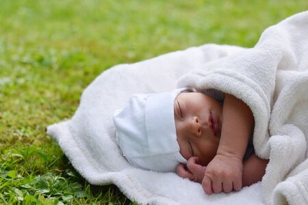 One week old newborn baby sleeping in the natureの写真素材