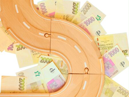 Model of wooden road on czech money. Isolated on white background.の写真素材