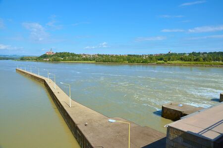 View from Danube cycle trail showing great area of Danube river and landscape of lower Austria in...