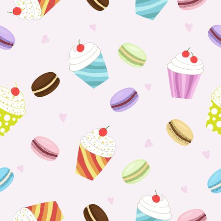 Seamless food pattern with dessert,cupcake,macaroon background for designのイラスト素材