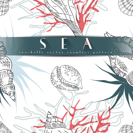 Seashells vector seamless pattern with algae, red corals in different forms white background. Sea life, underwater isolated hand drawn concept illustration.のイラスト素材