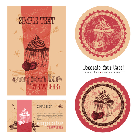 Strawberry cupcakes, eco-friendly packaging design and execution of a cafe, a paper bag, business card, sticker and beermat. Decorate your cafe.のイラスト素材