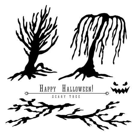 Scary dead trees silhouette vector halloween decoration set with branches. Brush pen ink illustration for halloween design.のイラスト素材