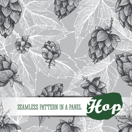 Beer hops seamless pattern of hand drawn hops cones and hops leaves, black and white background, sketch and engraving design hops plants. All element isolated.のイラスト素材