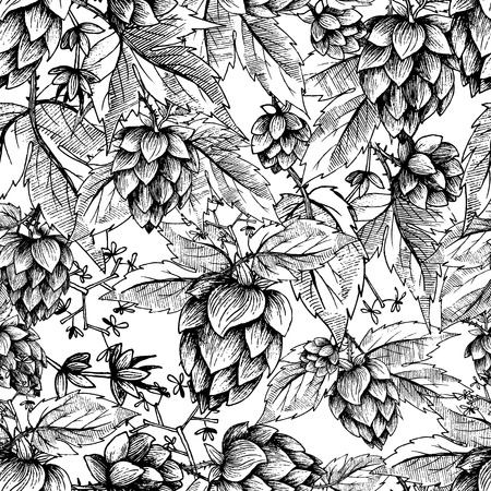Beer hops seamless pattern of hand drawn hops cones and hops leaves, black and white background, sketch and engraving design hops plants. All element isolated.のイラスト素材