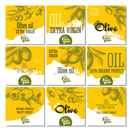 Set of 9 olive cards for design olive oil, Italian and Greece food. Vector hand drawn sketch isolated illustrations olives branches.のイラスト素材