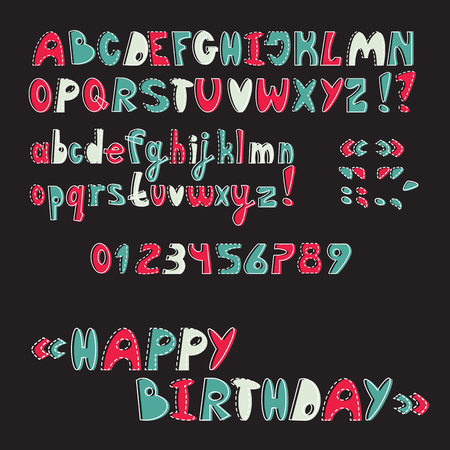 Comic letters ABC, baby font, cartoon vector uppercase and lowercase alphabet and numbers. Fancy color.のイラスト素材