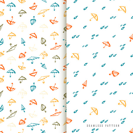 Umbrella seamless pattern set. Cute color templates collection with umbrellas and water drops for design textile and wallpapers.のイラスト素材