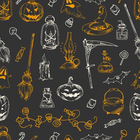Halloween party seamless pattern, vector hand drawn element. Sketch design, isolated.のイラスト素材