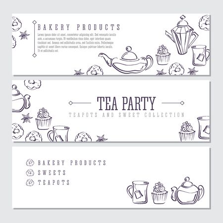 Set of labels with isolated vector sketch of donuts, badyan, cupcakes, teapots and mugsのイラスト素材