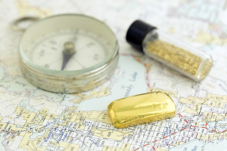 Antique Compass, Prospecting Map, And Goldの写真素材