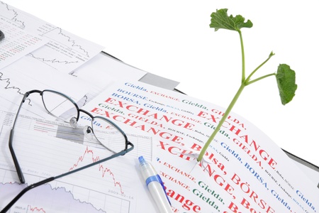 When bull market arrives? Maybe just now! Office, desk, documents, charts, quotes, and new  plant â bull marketの写真素材