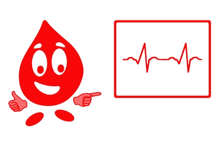 Smiling drop of blood cell in gesturing ok and blackboard with heart and ecg chart, health conceptの写真素材