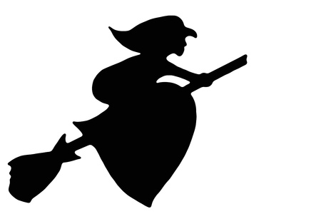Black  silhouette witches flying on a broomstick on whiteの写真素材