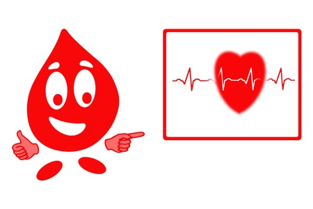 Smiling drop of blood cell in gesturing ok and blackboard with heart and ecg chart, health conceptの写真素材
