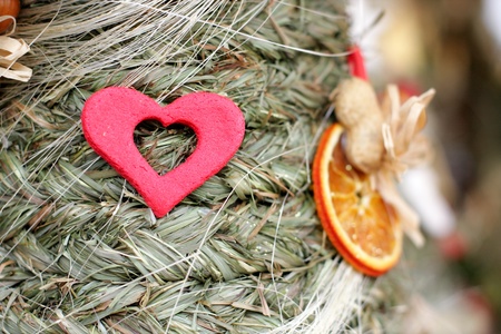 Folk Christmas spruce tree with bauble and ornamentsの写真素材