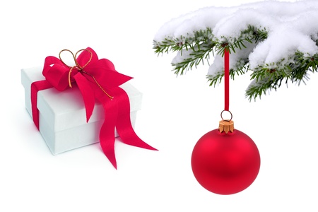 Christmas  tree over gift with red ribbonの写真素材