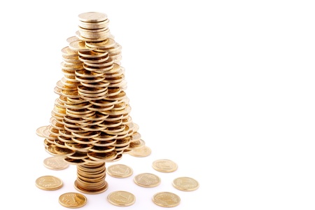 Christmas tree made of gold coins, Christmas tree made of polish gold coins, business metaphorの写真素材