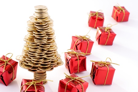 Christmas tree made of gold coins, Christmas tree made of polish gold coins, business metaphorの写真素材