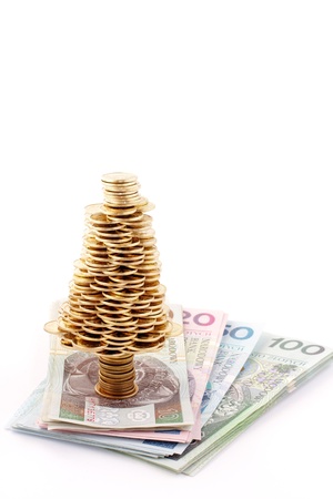 Christmas tree made of gold coins, Christmas tree made of polish gold coins, business metaphorの写真素材