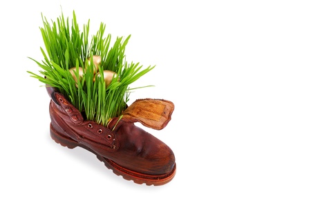 Easter and spring comes everywhere, even in the old soldier s boot の写真素材