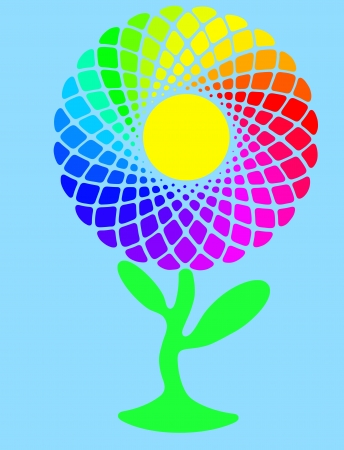 Rainbow sunflower full of colors on blue sky with sunの写真素材