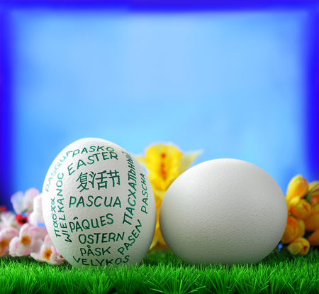 White  giant easter egg on green groundwork on blue window background