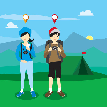 amping and outdoor recreation concept with flat camping travel icons. Young people having a camping.のイラスト素材