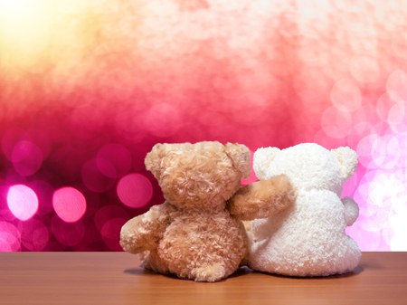 Two bears sit behind a beautiful bokeh background.の写真素材