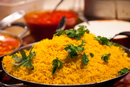Rice with curry in the pan on the marketの写真素材