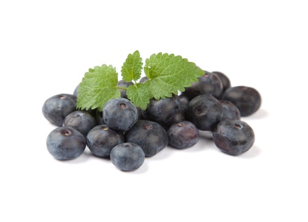 Group of blueberries with leaves の写真素材