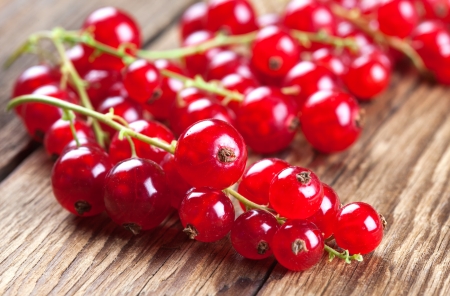 Red currants on woodの写真素材