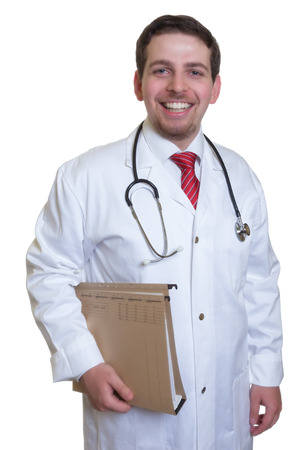 Young doctor with file of a patient laughing at cameraの写真素材