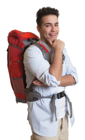 Attractive backpacker looking at camera