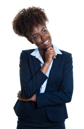 Thinking african american business woman on an isolated white background for cut outの写真素材