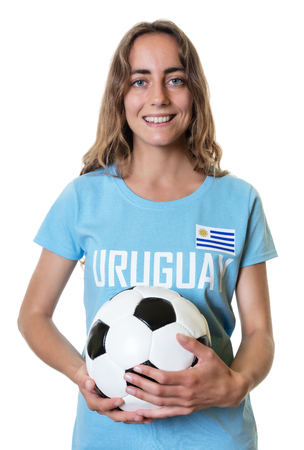Beautiful soccer fan from Uruguay with ballの写真素材