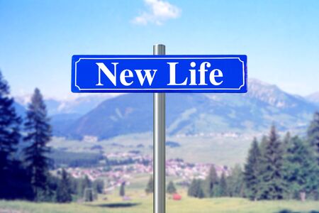 New Life on blue street sign with landscapeの写真素材