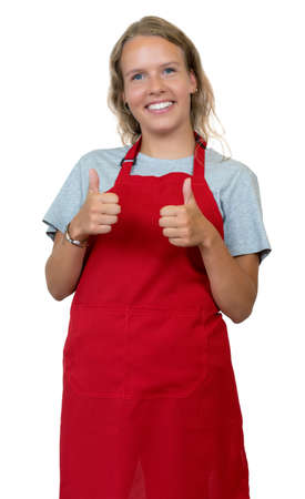 Pretty blond german waitress with red apronの写真素材