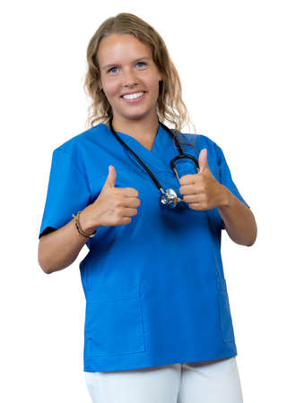 Laughing blond female nurse or medical student showing thumbs upの写真素材