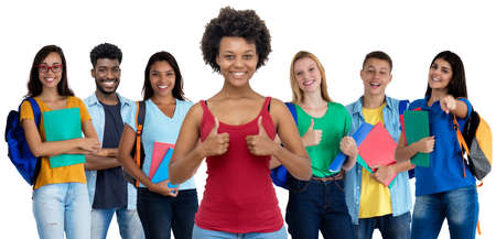 Successful african american young adult woman with large group of international studentsの写真素材
