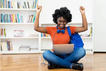 Successful african american female student at video call at computerの写真素材