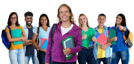 Pretty german young adult woman with large group of international studentsの写真素材