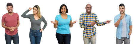 5 smiling and laughing african and latin american adult people isolated on white background for cut outの写真素材