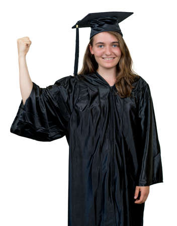 Cheering female graduate student with academic dress and capの写真素材