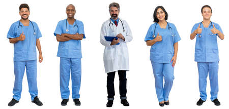 Medical team of 5 latin american and caucasian and african doctor and nursesの写真素材