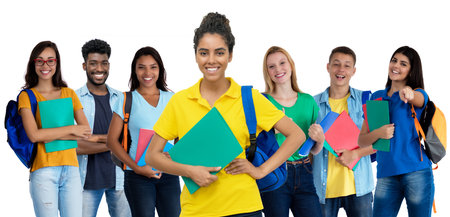 Successful south american female student with group of multi ethnic young adultsの写真素材