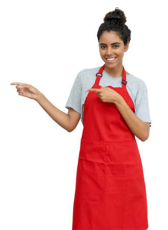 Pointing brazilian waitress or female clerkの写真素材
