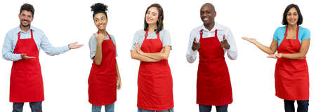 Group of 5 beautiful latin american and african and caucasian waiters and waitresses isolated on...