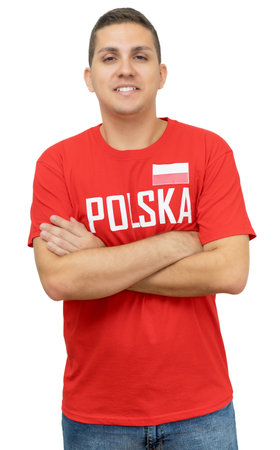 Football fan from Poland with crossed arms isolated on white background for cut outの写真素材