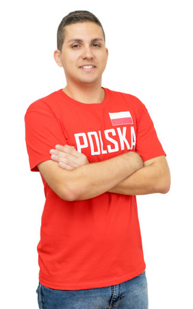 Young football fan from Poland isolated on white background for cut outの写真素材